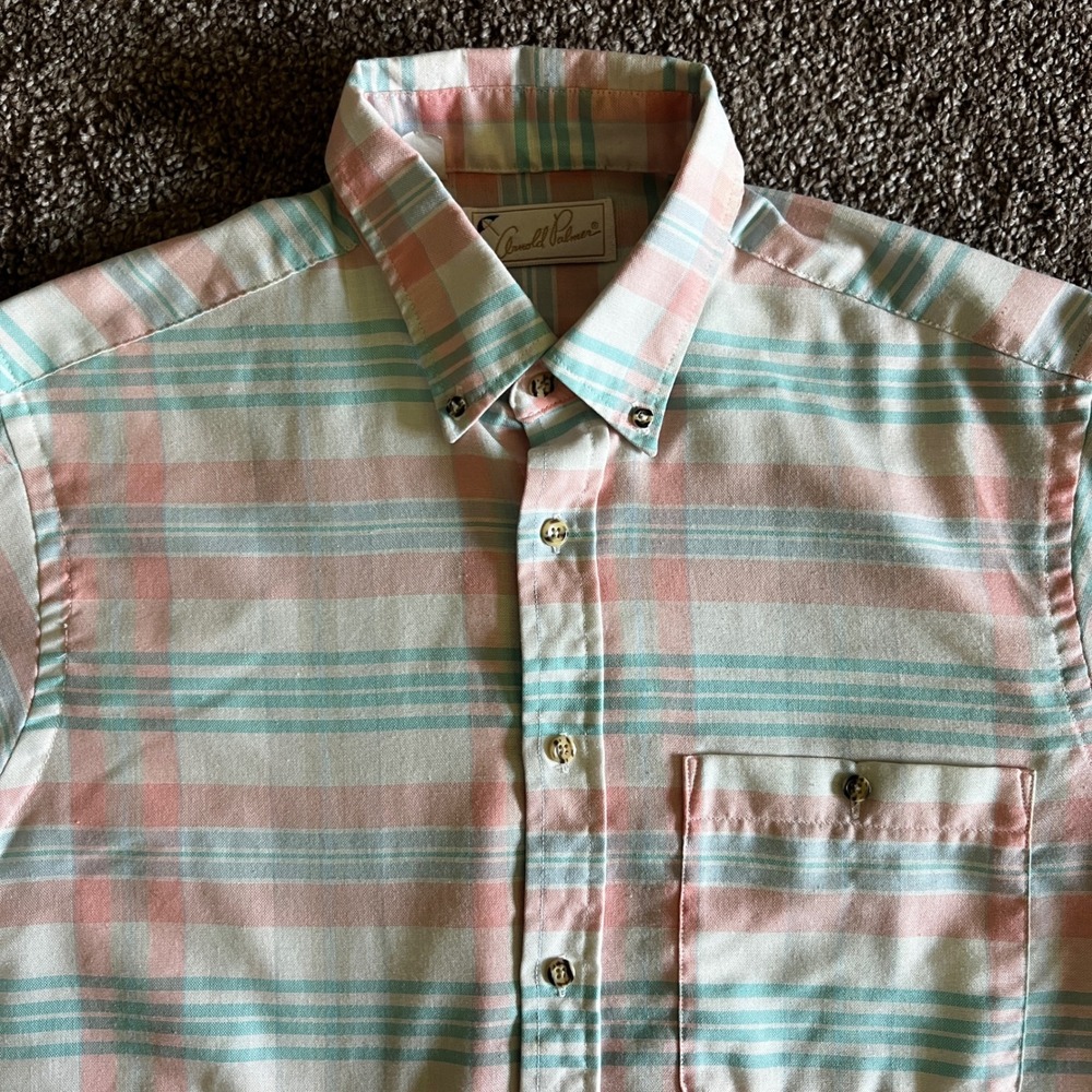 Vintage 70s Arnold Palmer‎ Plaid Button Up Short Sleeve Shirt Pastel Size M 0298